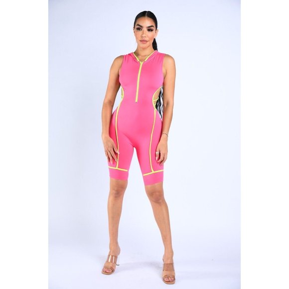 Women's Sleeveless Semi Zip-Up Spaghetti Line Hoodie Romper S M L Fuchsia - Picture 11 of 12